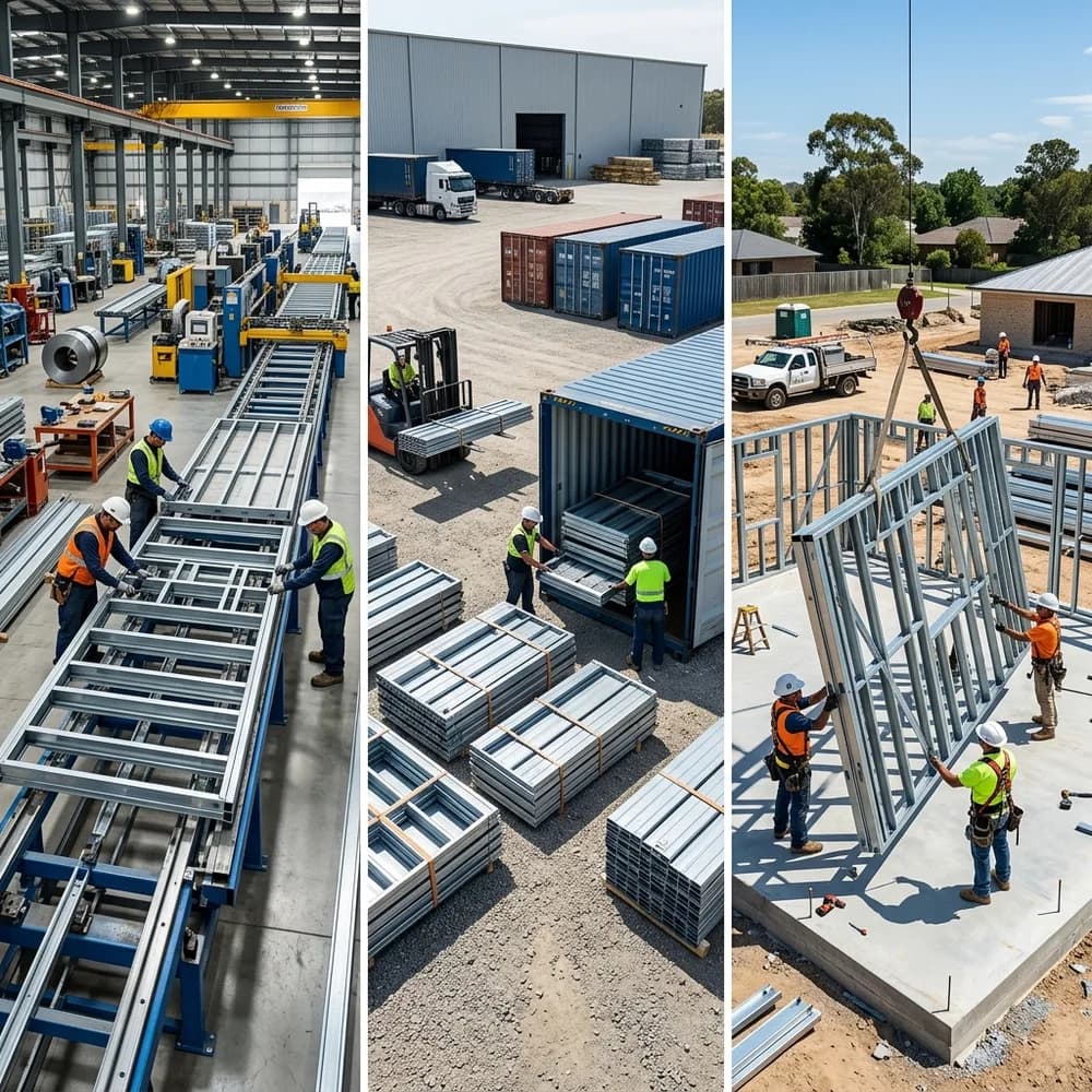 Illustration of steel-frame fabrication, freight and site assembly stages