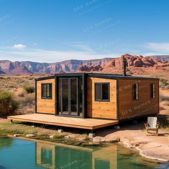 Transportable expandable cabin deployed in an arid outback landscape