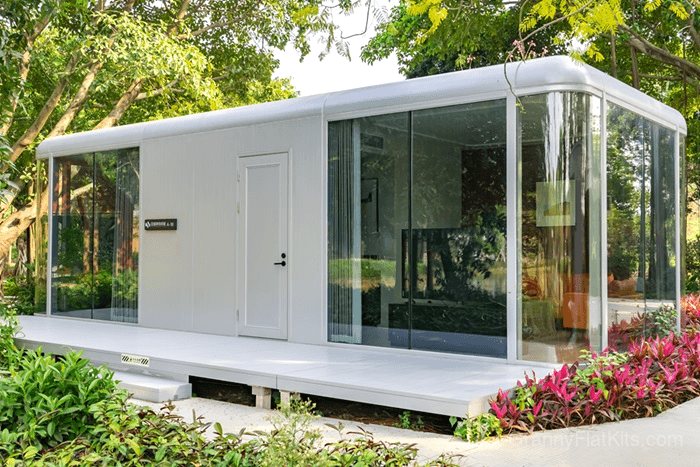 Prefab modular granny flat hero exterior view with floor-to-ceiling glazing