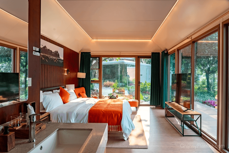 Modern granny flat interior showing high ceilings and open living space