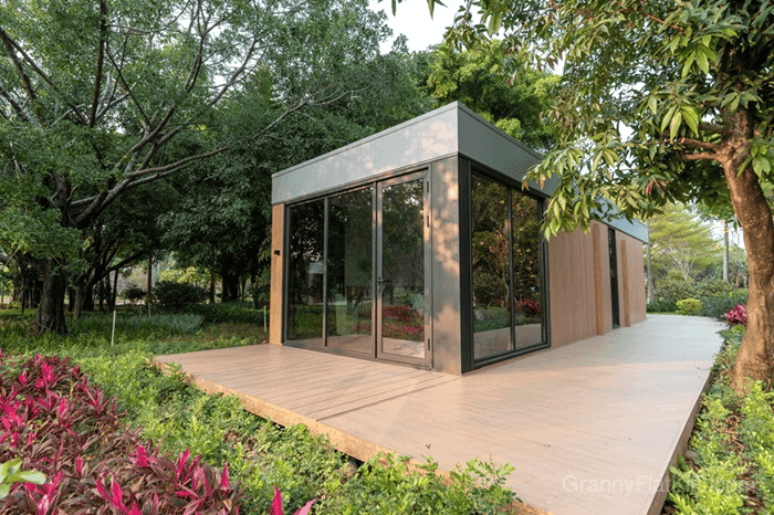 Extended prefab granny flat exterior hero view showing 12m length