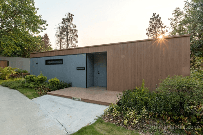Pitched roof granny flat exterior with herringbone roofline — looks like a real home
