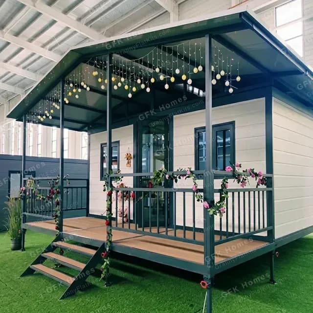 Farmhouse style modular cabin with extended decking, metal railing, and festoon string lights