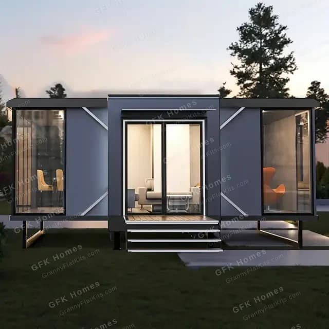 Premium tiny house with floor-to-ceiling glass walls, architectural cross-bracing, and wooden deck