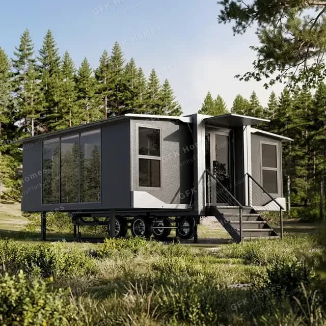 Luxury off-grid cabin with textured matte black finish, entrance canopy, and trailer chassis