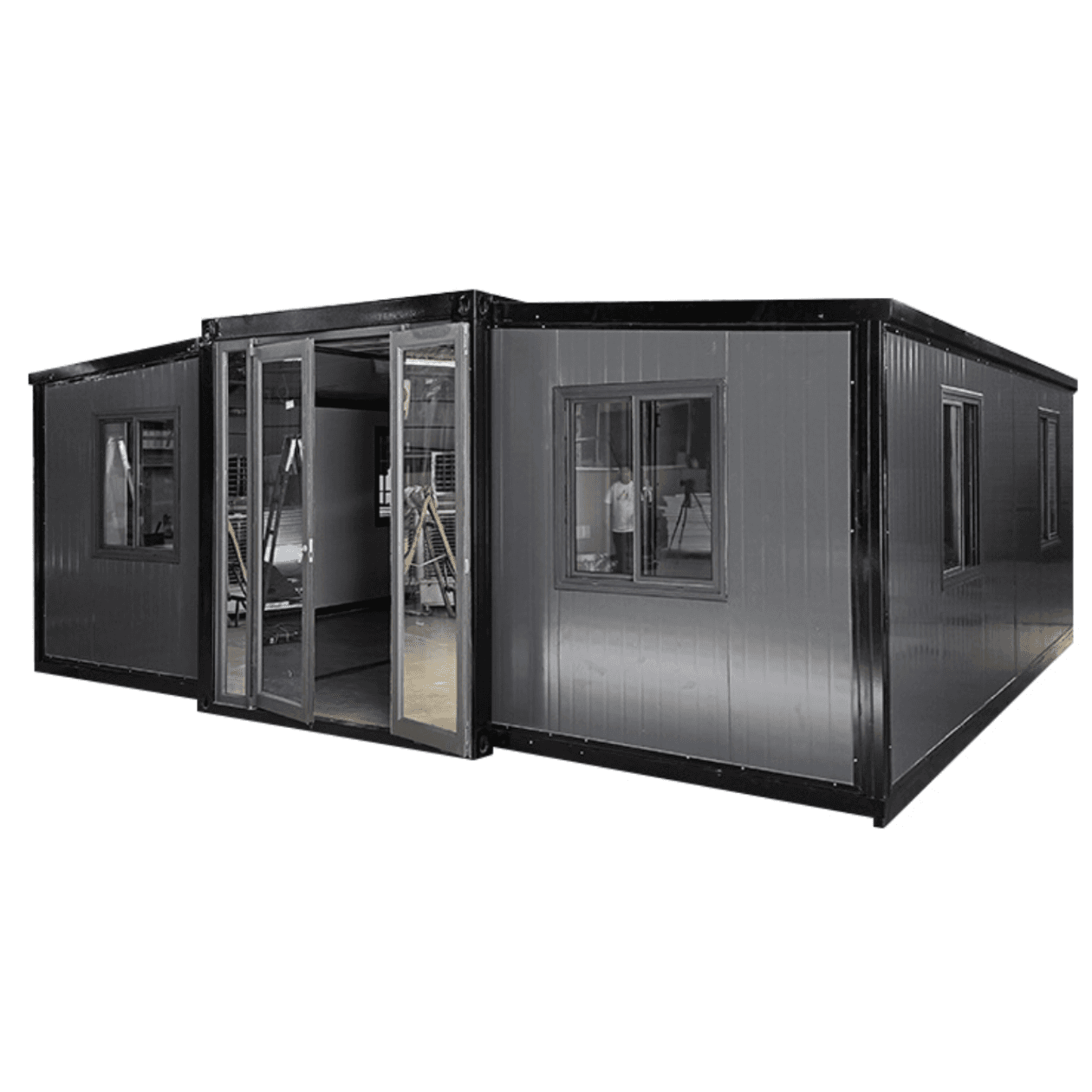 Standard expandable granny flat with factory steel panel exterior — no cladding