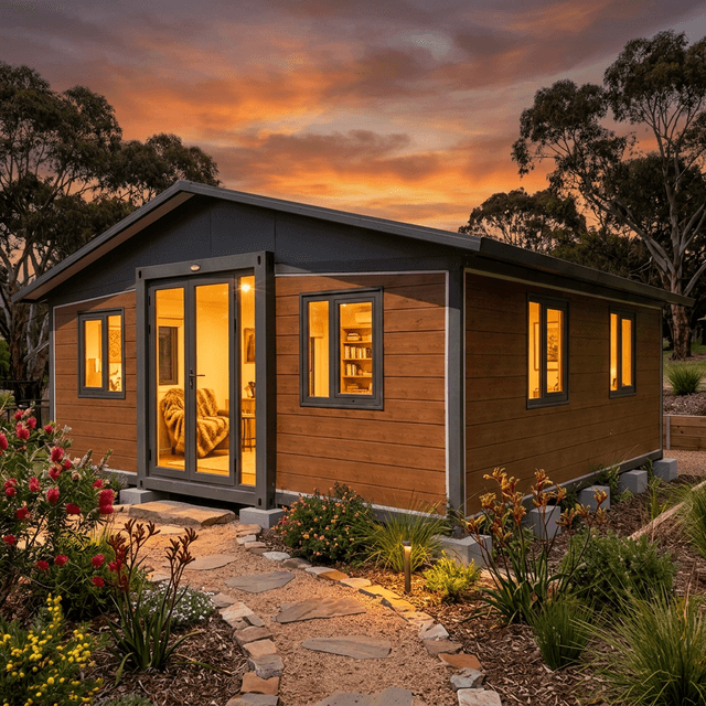 Expandable granny flat exterior at sunset in Australian bush setting