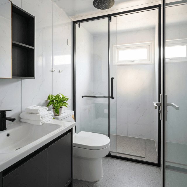 Designer bathroom with rain shower inside expandable granny flat