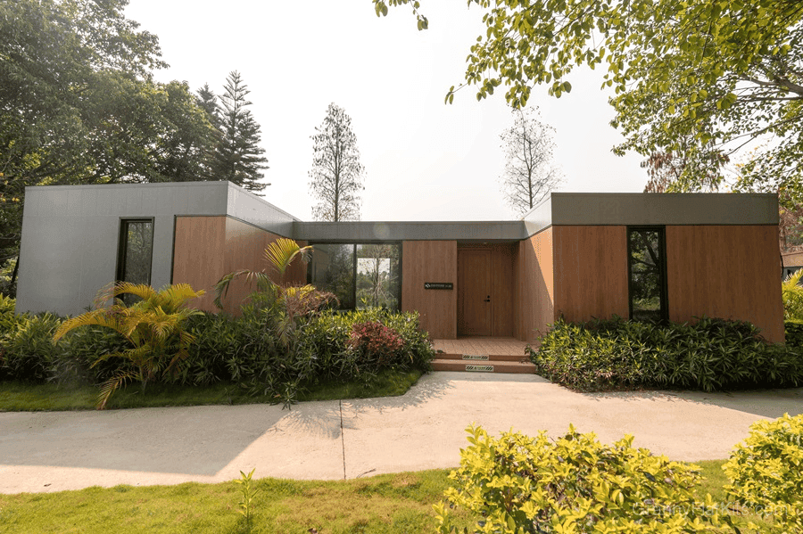 2 bedroom modular granny flat exterior overview showing H-shaped three-module assembly