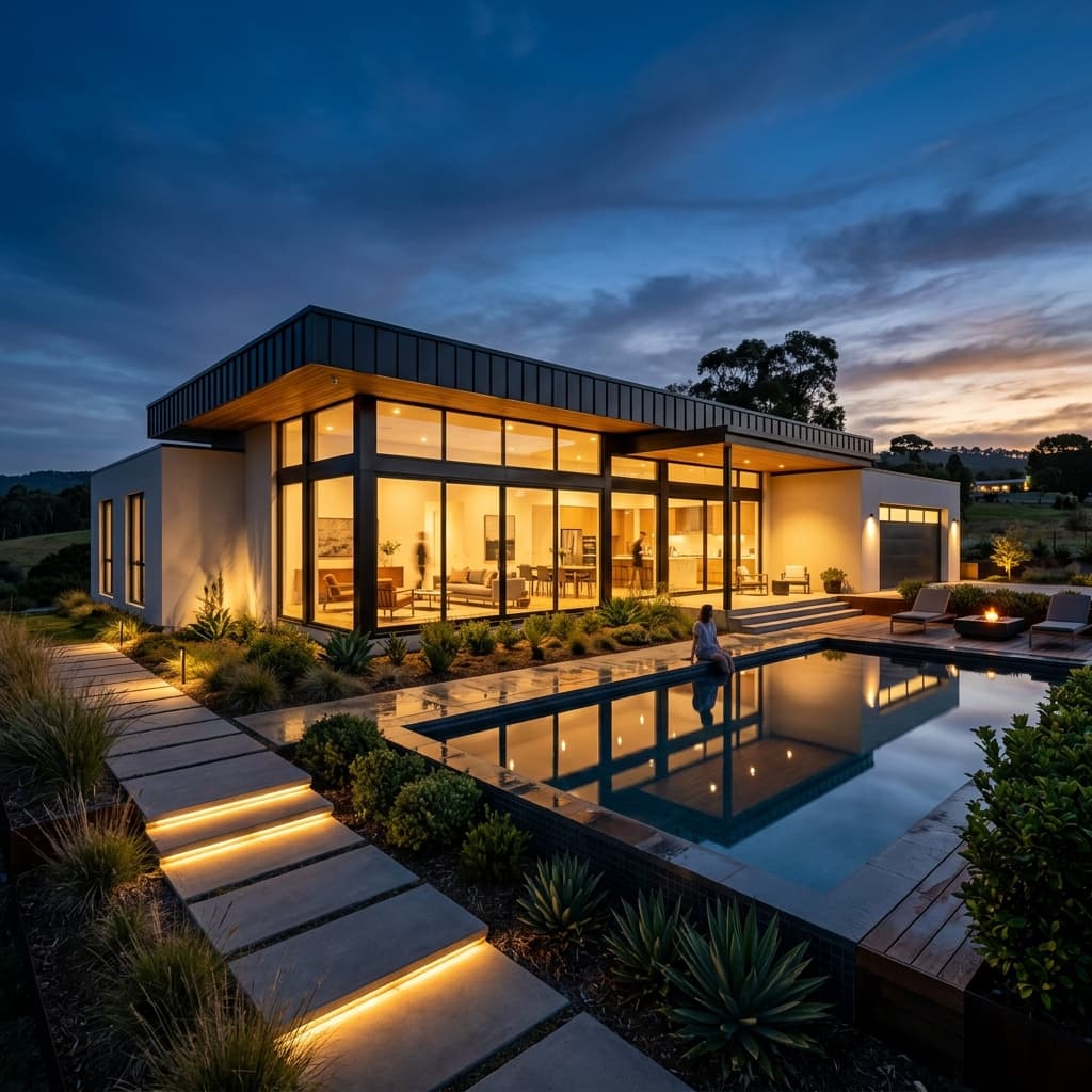 Custom LGS kit home exterior at night
