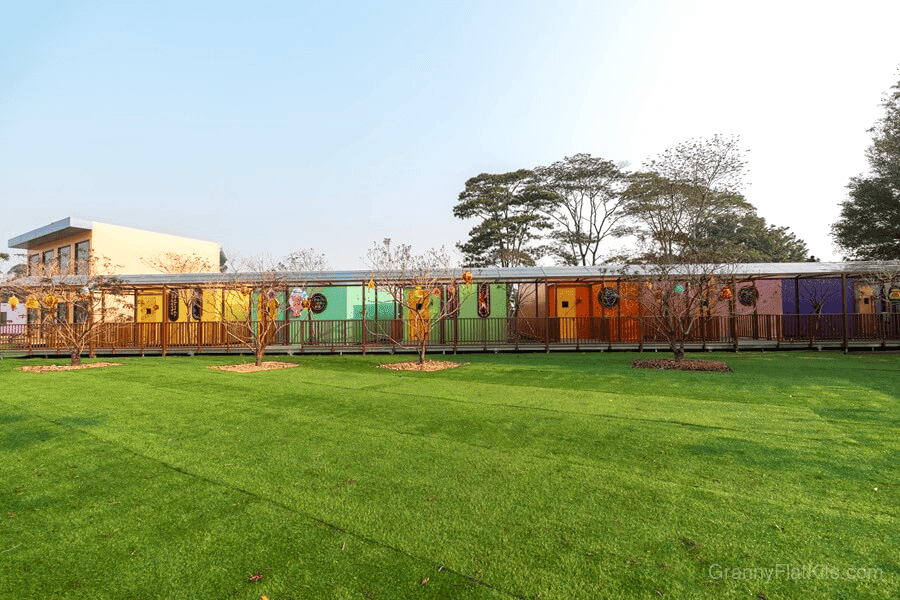Modular commercial street precinct overview showing multiple connected prefab units