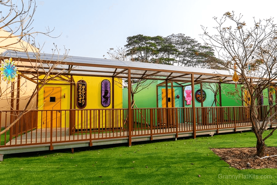 Commercial precinct view with pedestrian-friendly walkway and pod units