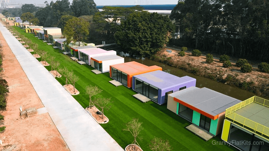 Modular commercial street evening atmosphere with warm lighting