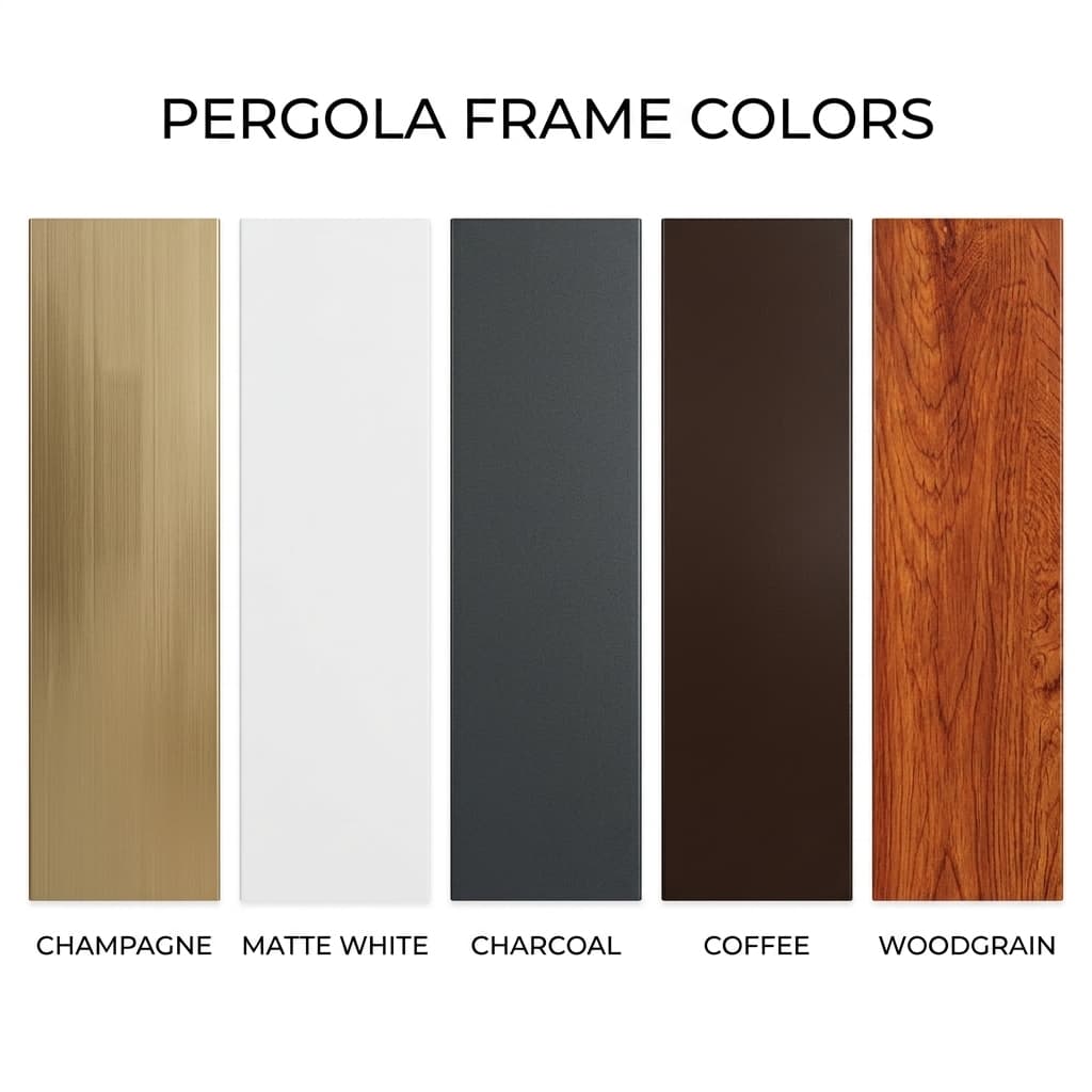 Pergola frame colour options — Champagne, Matte White, Charcoal, Coffee, Woodgrain