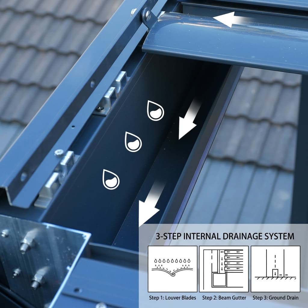 Internal drainage channel close-up showing beam gutter and pillar drain