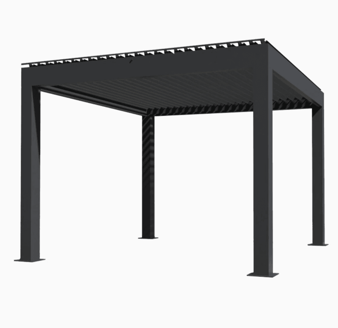 Premium motorized louvered pergola — charcoal grey, freestanding 4-post design