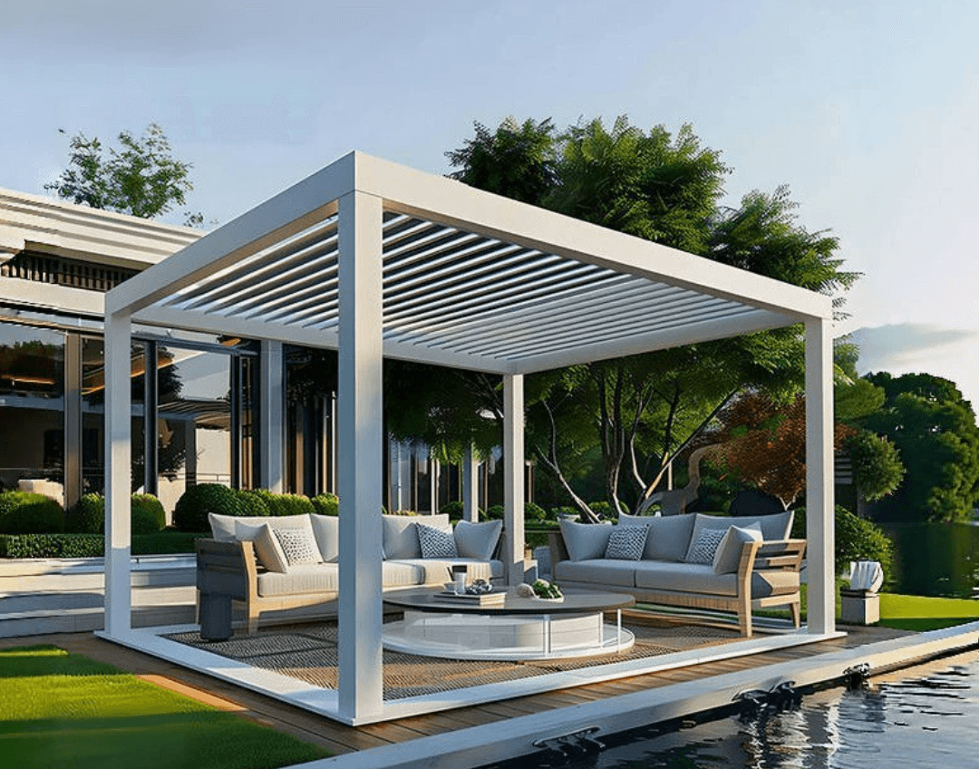 White louvered pergola in a luxurious poolside outdoor living setting