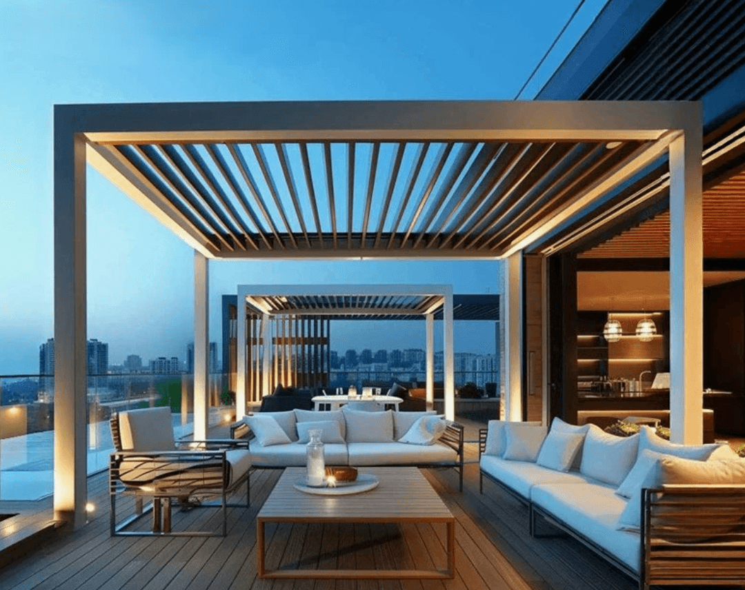 Premium pergola on a modern rooftop terrace with city skyline views