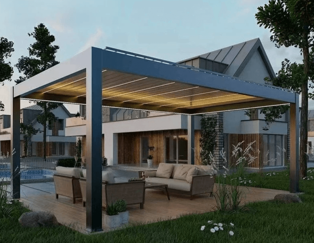 Charcoal motorized pergola with LED lighting at twilight beside a pool