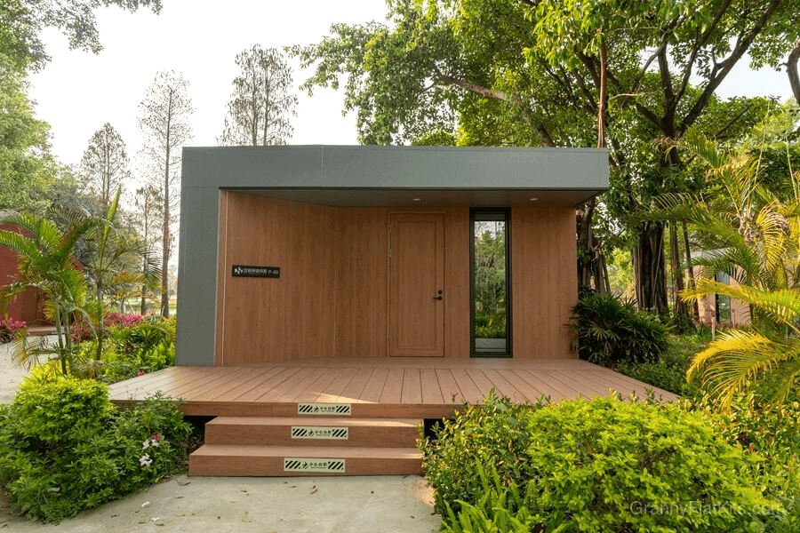 Prefab granny flat kit angle view in landscaped setting