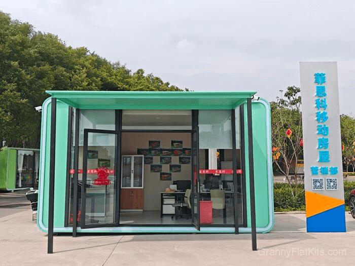 Prefab commercial pod exterior view with modern aluminum and glass design