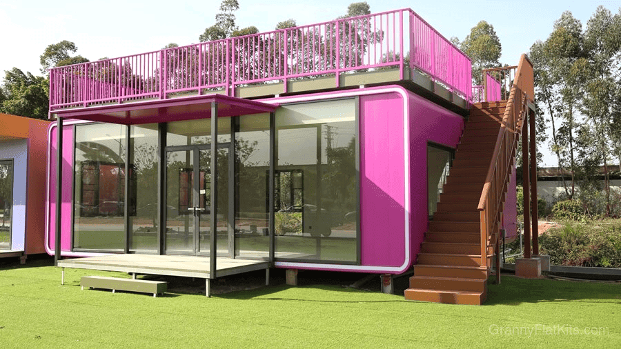 Large prefab commercial space exterior with striking glass facade