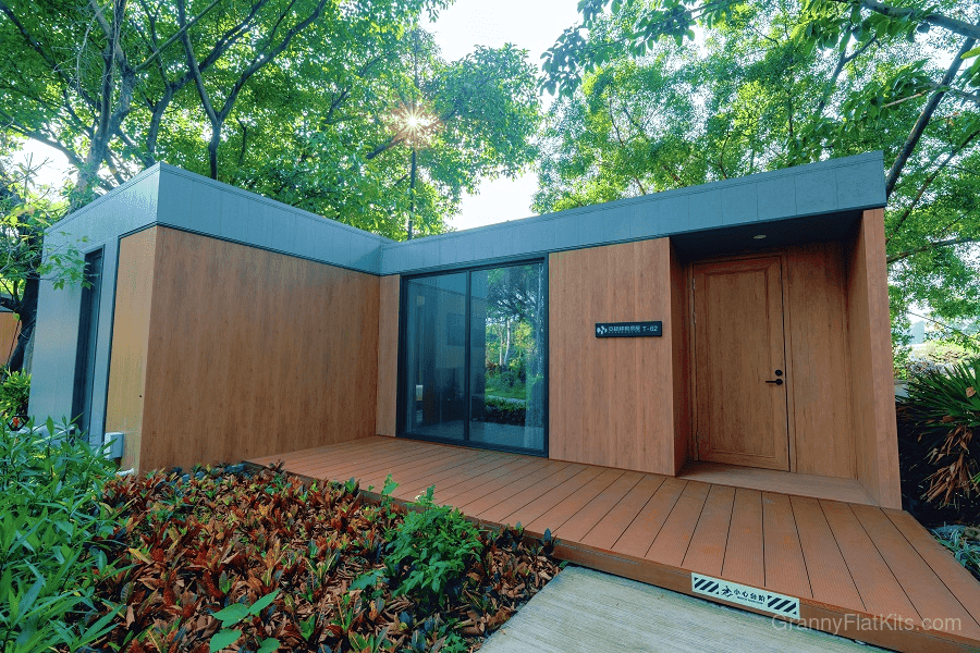 Dual module granny flat kit aerial view showing T-shaped configuration