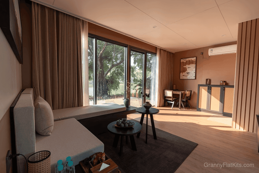 Modular granny flat interior living area at module junction