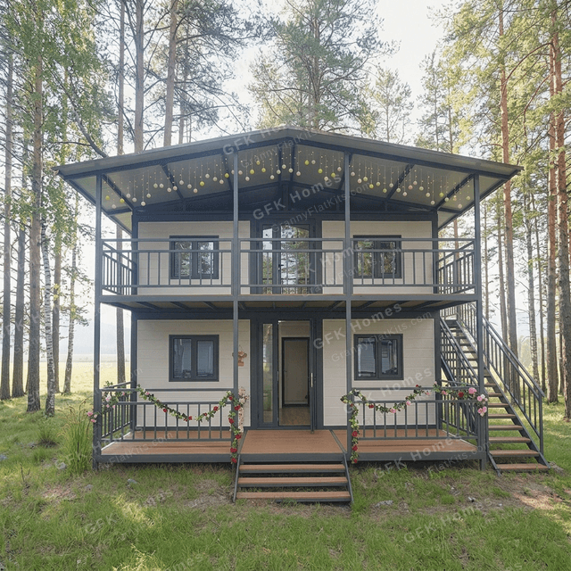 Front view of the 2 storey granny flat kit showing both levels, covered verandah, and external staircase