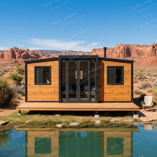 Front-on view of the transportable cabin showing dual-wing expansion and central bifold glass doors