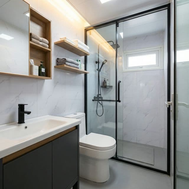 Standard bathroom with hot water heat pump system in expandable granny flat