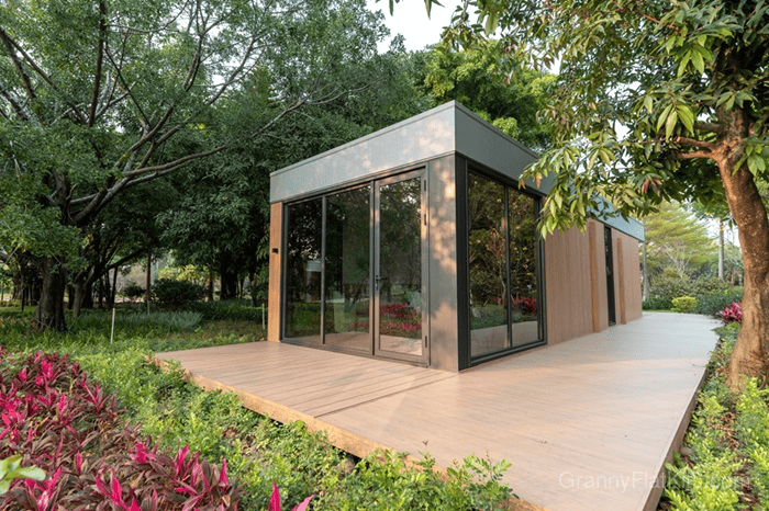 Extended prefab granny flat exterior hero view showing 12m length