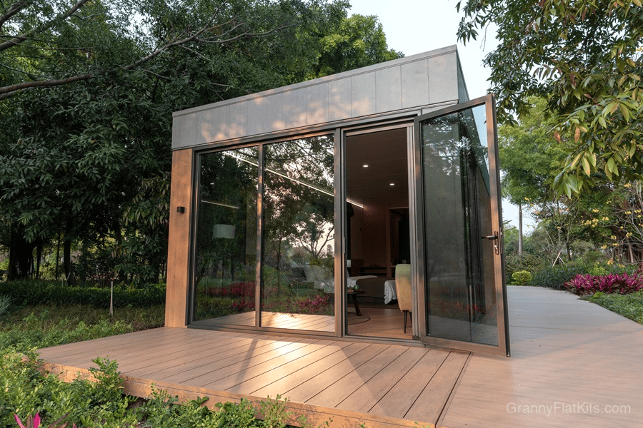 Single-module granny flat side view with aluminum panels