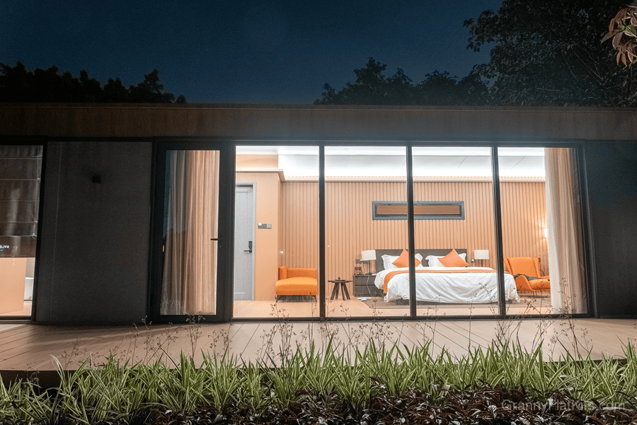 Granny flat interior showing vaulted ceiling design