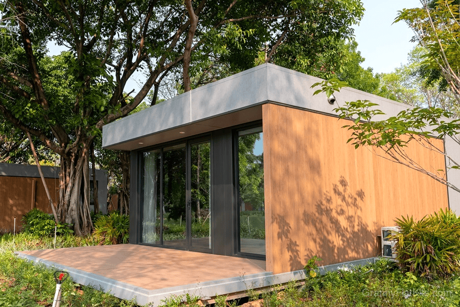 Premium modular granny flat showing spacious glass facade